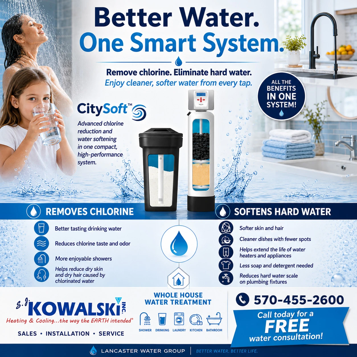 CitySoft whole house water treatment system removes chlorine and softens hard water - SJ Kowalski 570-455-2600