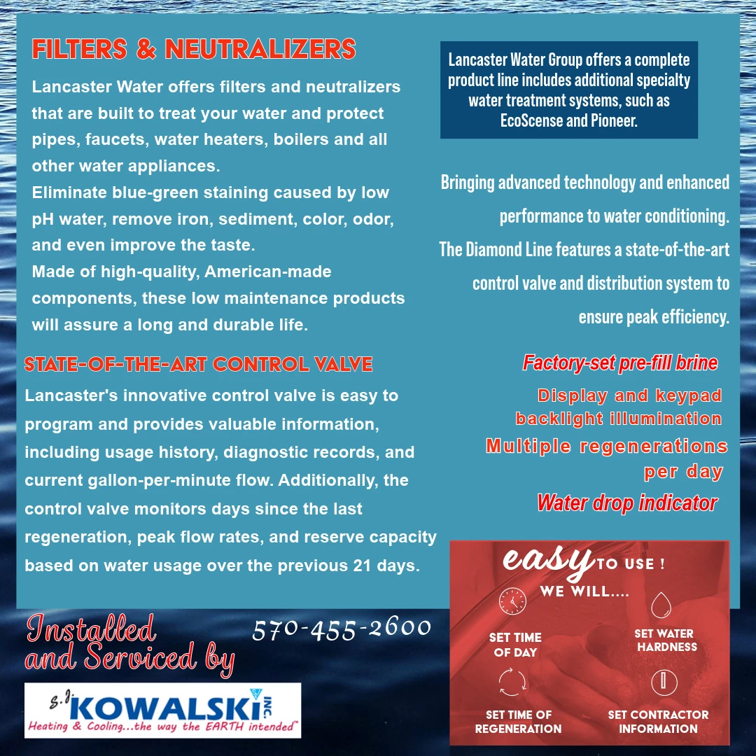 Lancaster Water Group filters, neutralizers, and state-of-the-art control valve - installed and serviced by SJ Kowalski